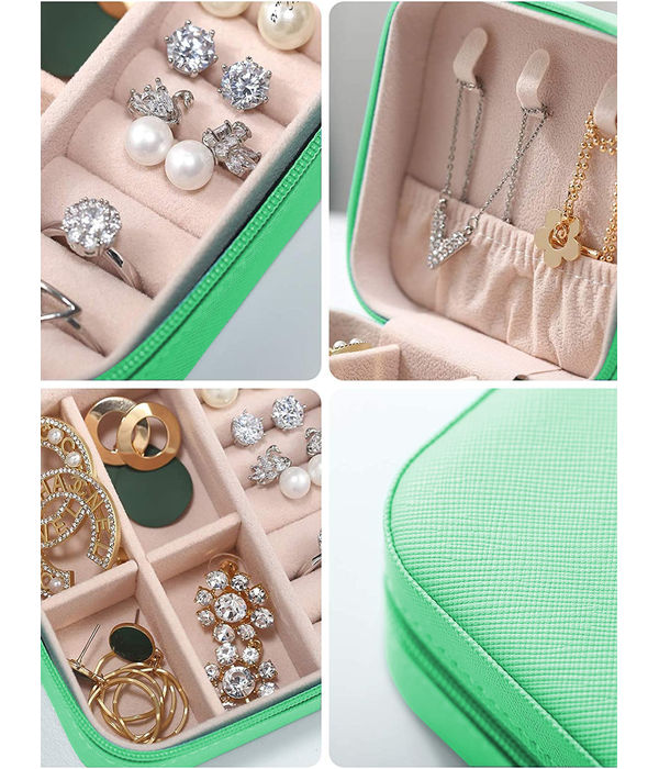 YouBella Jewellery Organiser Jewellery Make up Box PU Leather Zipper Portable Travel Storage Box Case with Dividers Container for Rings, Earrings, Necklace Home Organizer (Green)